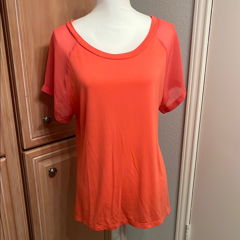 Salmon Orange Relaxed Short Sleeve T-Shirt with Sheer Sleeves